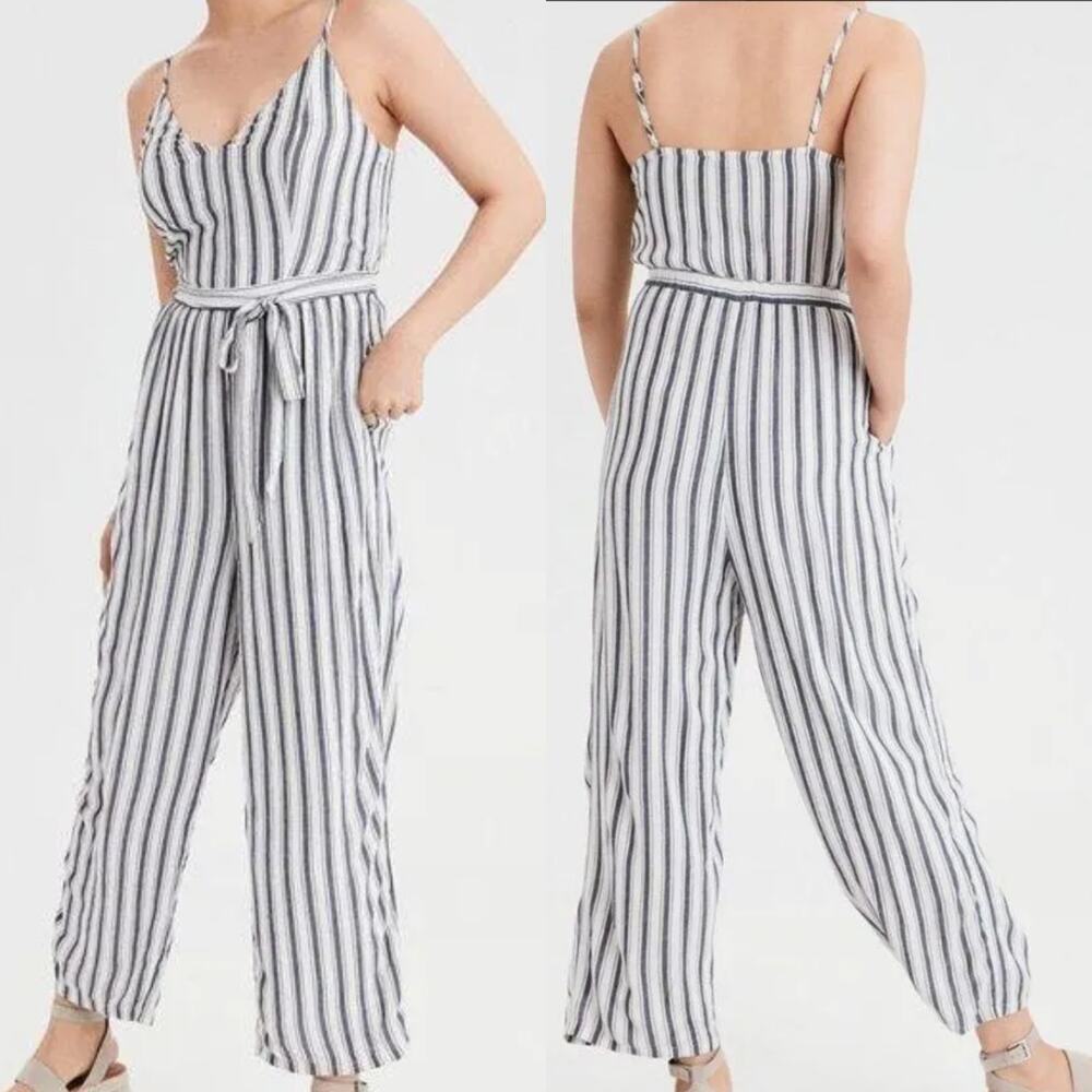 American Eagle Soft Vertical Striped Nautical Wide Leg Ankle Jumpsuit LARGE